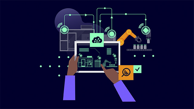 An illustration depicts a person using a tablet to monitor and control an industrial setup, likely through IoT and digital twin technology.
