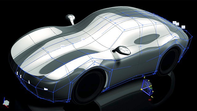 Surface Model of a complete car body designed in NX Realize Shape on a black background and showing the subdivison control cage