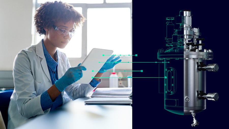 A scientist look at a tablet next to an image of a digital twin. 