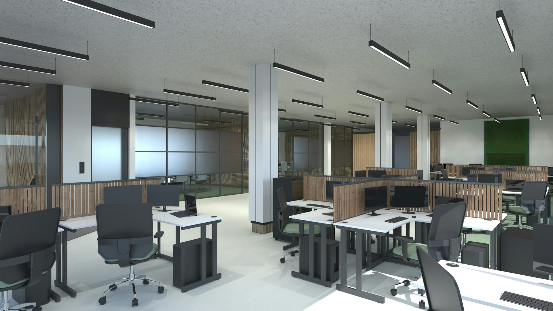 An HD 3D rendering of an office space designed with NX, with multiple workspaces, chairs, computers, monitors, lighting and more.