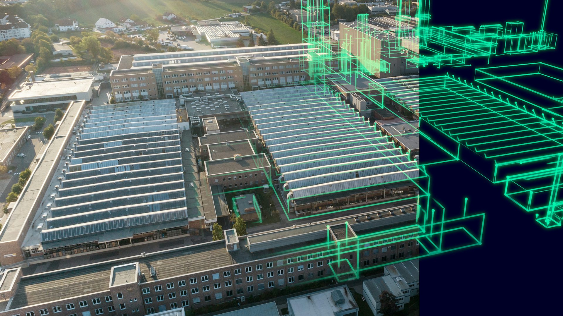 Image of the digital and real factory that together make up the Siemens comprehensive digital twin for manufacturing.