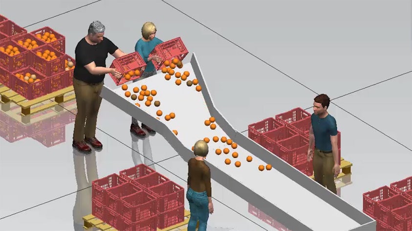 Image of a manual sorting station with virtual humans in a Tecnomatix Process Simulate Human software 3D, physics-based simulation model.