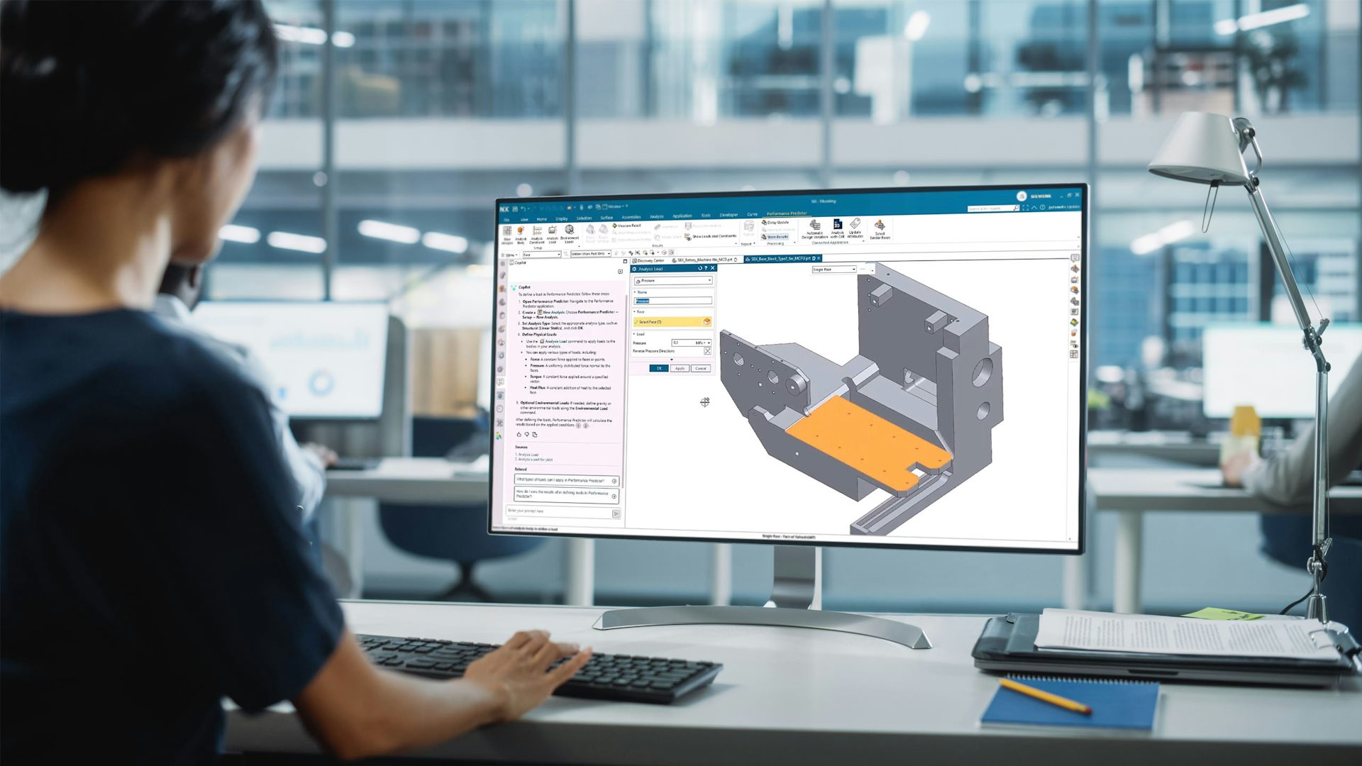 An engineer has Designcenter NX CAD software open to a design of a base block. She is asking Design Copilot NX how to define a load using NX Performance Predictor and selecting a face for the analysis.