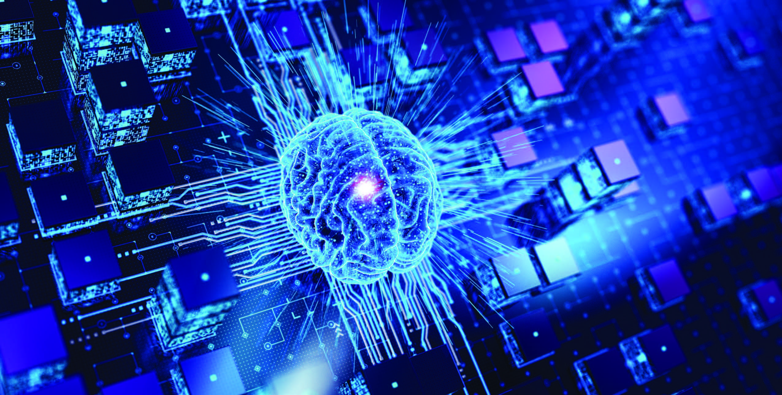 A wireframe image of a brain on a computer board that looks like a city skyscape.