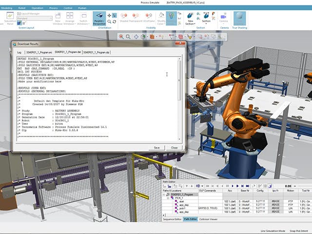 Tecnomatix Process Simulate OLP environment for 3D robotic offline programming and program download.