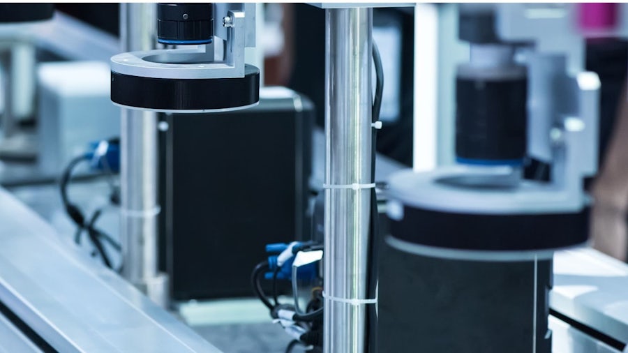 Close-up of industrial automation equipment featuring metallic components, cylindrical structures, and cables, likely part of a manufacturing or inspection system in a high-tech environment.