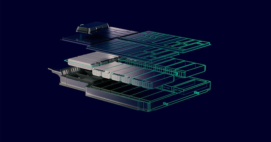 Digital artwork of an electric battery assembly on a dark blue background.