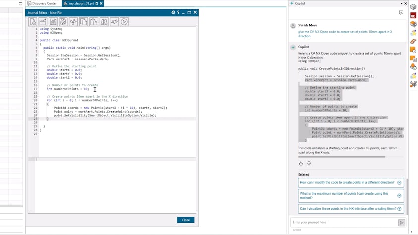 A Journal Editor window is open in Designcenter NX CAD. The user is inputting C+ NX Open code to 