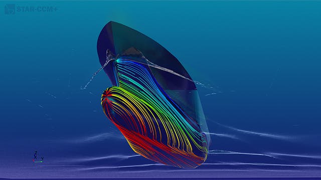 A ship with streamlines conducting CFD analysis with a full-scale design visual from the Simcenter STAR-CCM+ software.