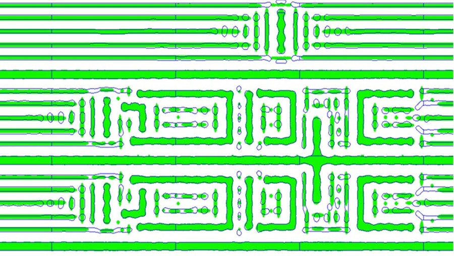 Curvilinear mask generated with the novel Calibre clustering-based fast curvilinear correction flow, shown in green, overlaid with the contours generated from a full inverse lithography flow.