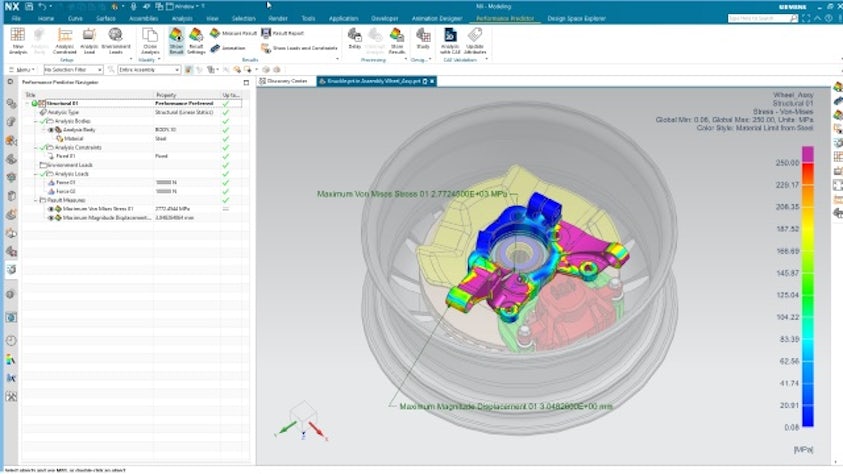 NX Performance Predictor module open in NX CAD, showing a 