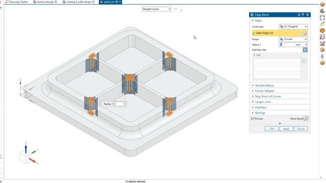 Edge Blend command box open in Designcenter NX CAD with a design of a metal plate. They are using the Select Similar Faces command to automatically select 5 similar faces to apply the edge blend to at the same time.