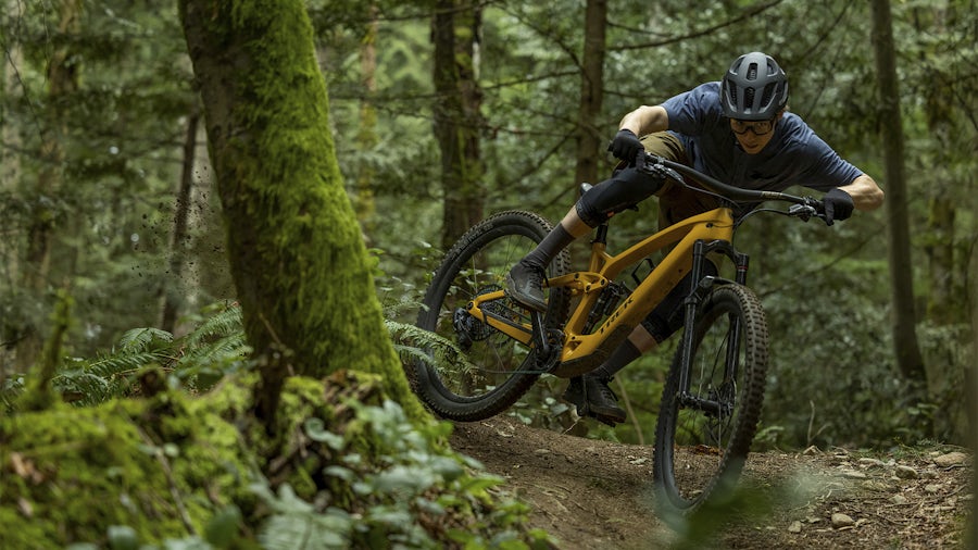 A man riding a bike in a forest.