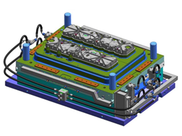 Model of a mold design using NX Mold Designer.