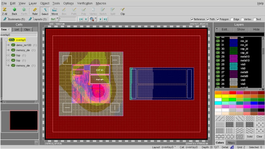 A screenshot of a Calibre 3DThermal, the Siemens EDA 3D IC thermal analysis tool. Thermal gradients are shown overlaid on the physical layout.