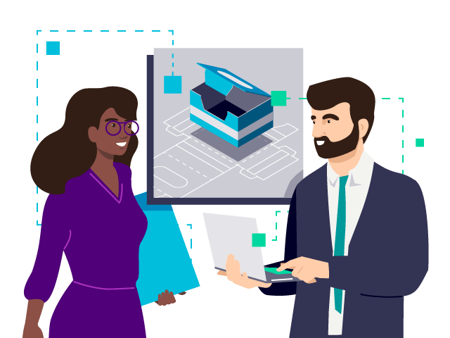 Ilustración de dos profesionales de marketing e ingeniería que conversan sobre cómo conectar sus equipos.