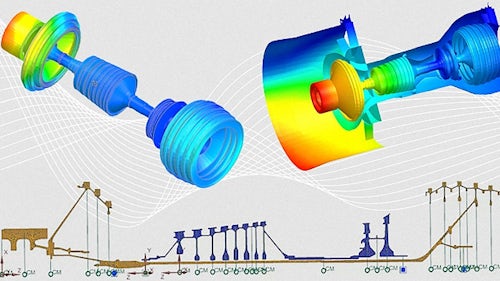 Images of simulated rotor parts from Siemens Simcenter digital twin simulation software.