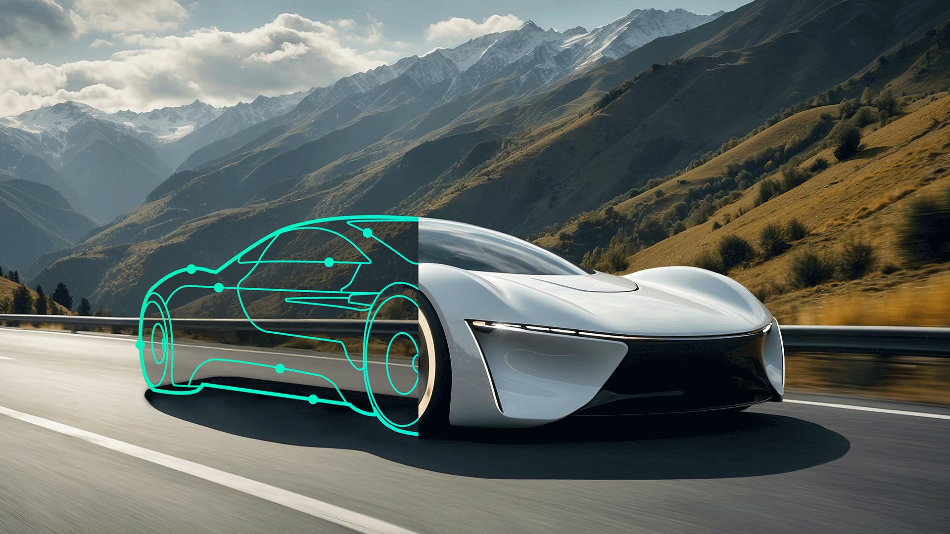 Futuristic white electric vehicle driving on mountain road with digital wireframe overlay, showcasing advanced automotive technology against dramatic alpine landscape.