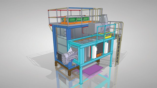 A rendered CAD image and drawing of this Lanly metal processing oven illustrates the ease of creating drawings with more dimensional information, so the fabrication of parts can be completed faster and more accurately