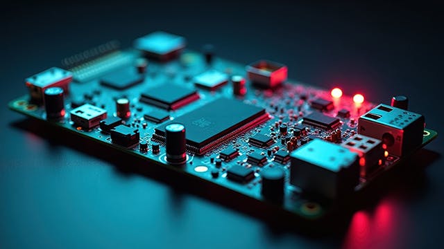 Image of an embedded system circuit board, likely for edge AI, featuring a main integrated circuit and multiple connectors.