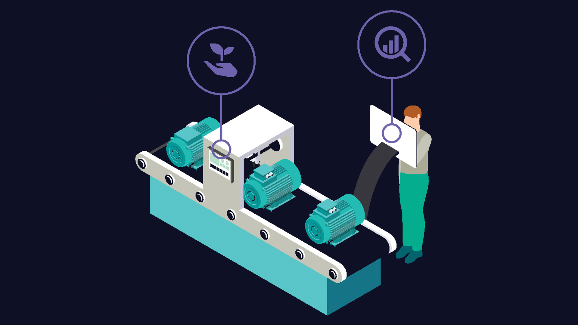A graphic image of an assembly line for machine components is analyzed for cost and sustainability.