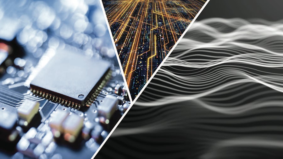 montage photograph showing a chip on a pcb on the left, a PCB with lit up traces in the middle and electrical signal waves on the right