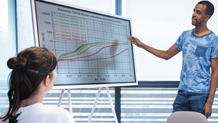 스크린의 Simcenter T3ster 소프트웨어를 사용하는 엔지니어