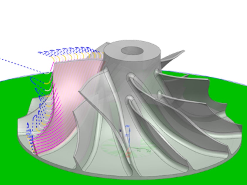 A depiction of 5-axis deposition paths on a turbine part.