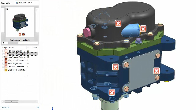 Sestava, která byla analyzována z hlediska výroby, zobrazuje vadné součásti s vizuální značkou s křížkem.