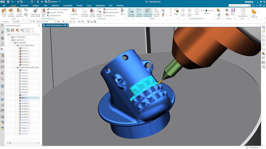 A screenshot of NX CAM software detailing the parts manufacturing process, showing a blue part for construction with a highlighted area in teal and an orange drill bit making changes to the mold.