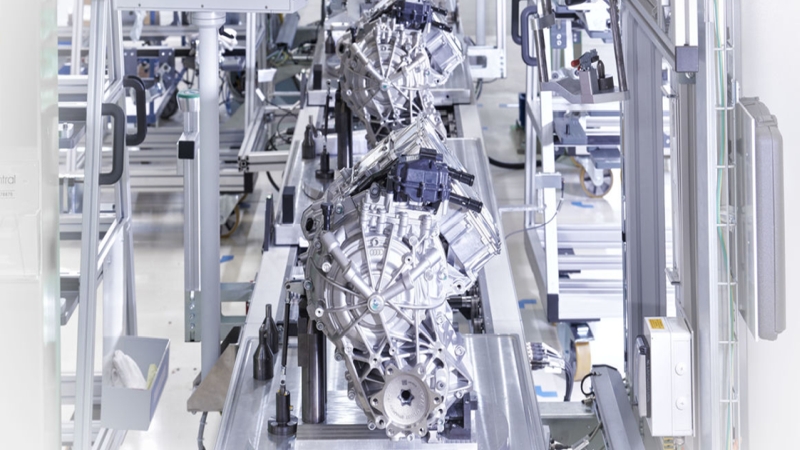 An assembly line of car engines