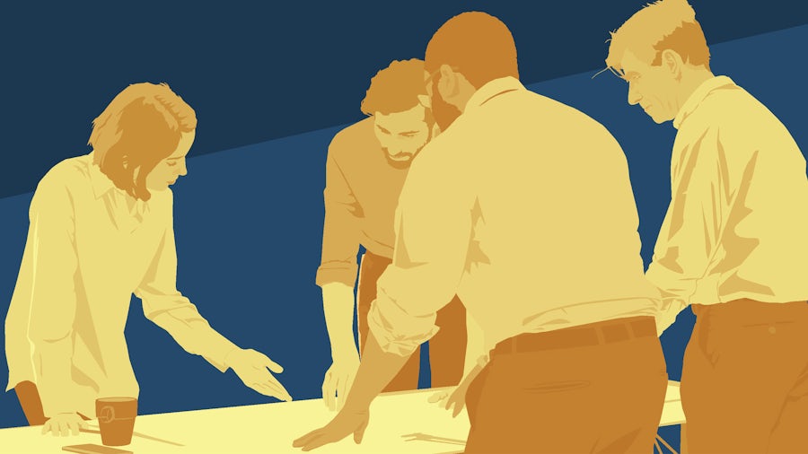 A drawing of four engineers working around a table discussing change management.