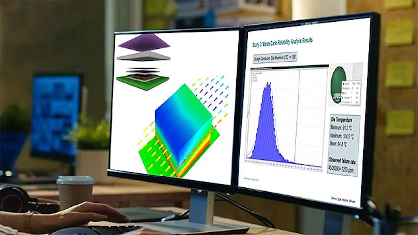 Počítačové monitory zobrazující tepelnou analýzu Simcenter Flotherm