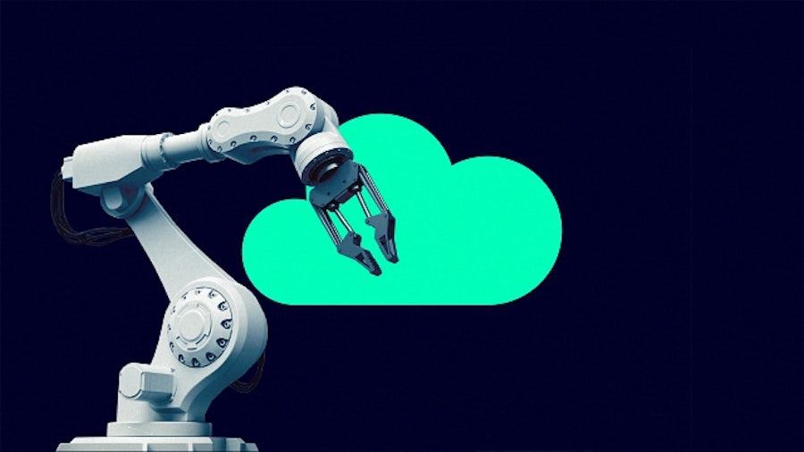 An industrial robotic arm machine in front of an illustration of a cloud.