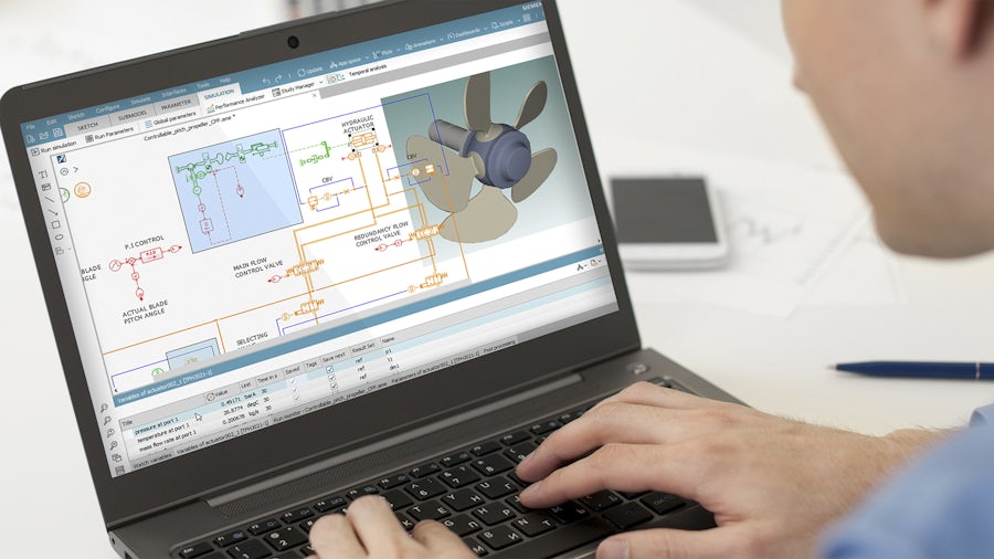 An engineer analyzing and designing optimal propulsion configurations using the Simcenter Amesim software on a laptop.