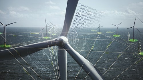 Offshore wind farm with digital overlay showing multiple connected wind turbines.