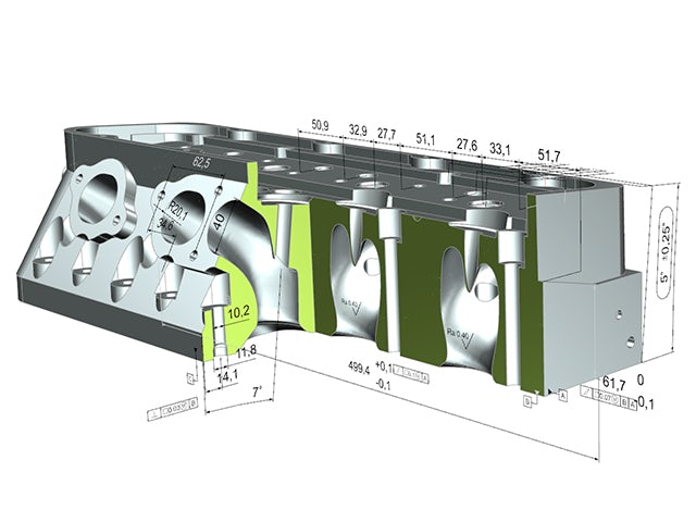 Modello di un blocco motore renderizzato con strumenti NX CAD
