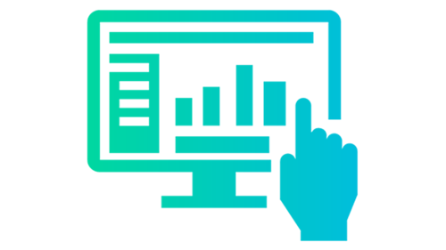 Stylized icon showing a hand pointing to a report on a computer screen