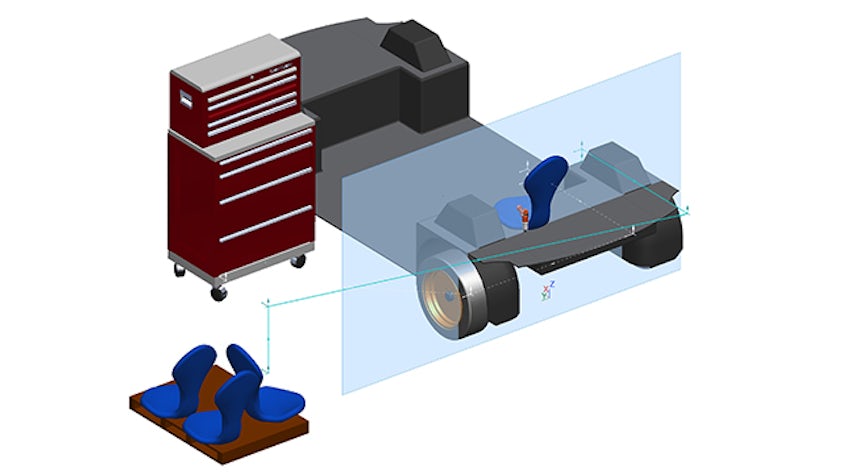 Widok przekroju modelu 3D złożenia fotela pojazdu w oprogramowaniu Tecnomatix Process Simulate.