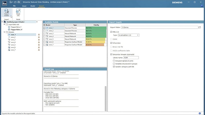 Le processus d'exportation du modèle dans Simcenter Reduced Order Modeling.