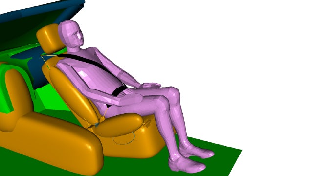 A simulation of seatbelt testing done with Simcenter Madymo.