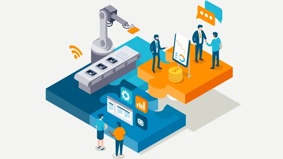 Illustration showing automation and business strategy: a robotic arm assembling components, people interacting with digital interfaces, and others analyzing financial charts and coins—symbolizing tech-driven decision-making and collaboration.