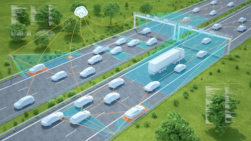 A computer rendering of vehicles on a highway gathering data about the road ahead and the vehicles nearby.