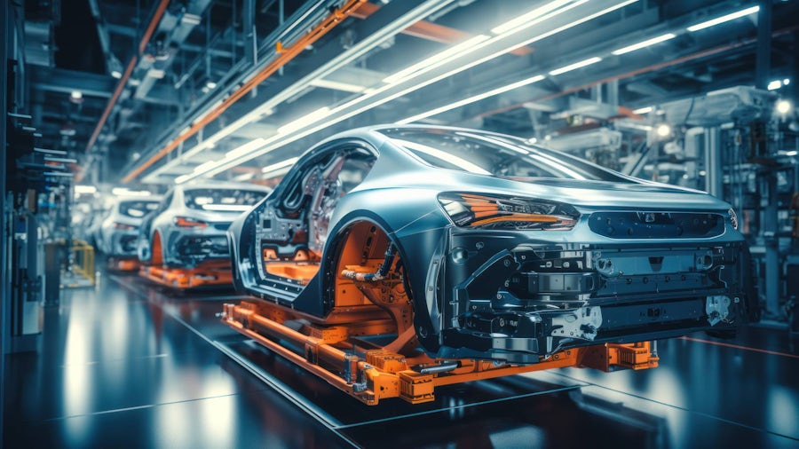 A row of cars in production in a factory using smart manufacturing.