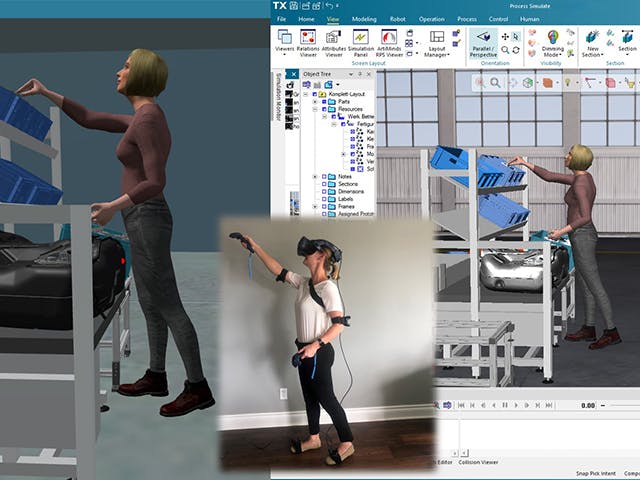 Virtual reality and motion capture connected to virtual female human figure to analyze posture, ergonomics and work tasks in Process Simulate Human software.