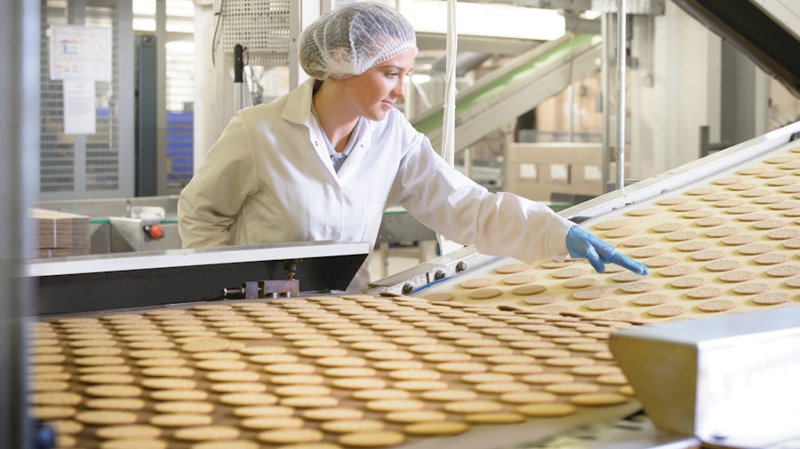 A manufacturing floor employee inspects food along the assembly line