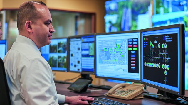 A man is seated at his workstation in front of 4 monitors and a keyboard. 