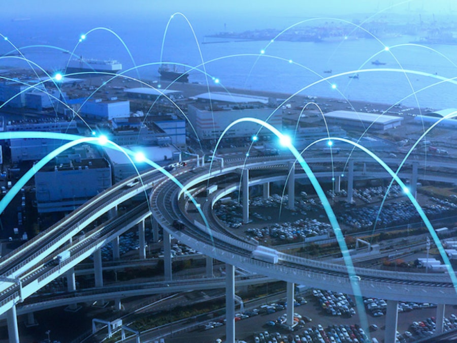 Aerial blue industrial port