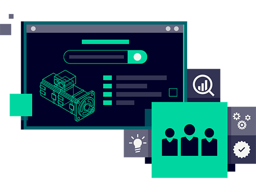 Illustration of computer screen with other icons to represent project lifecycle management.