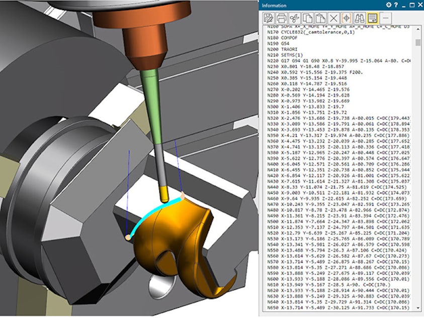 A computer screen displays a 3D design integrated with a machining simulation in NX CAM, showing a milling machine tool working on a 3D object. The tool sculpts a golden part, with specifications appearing on the right side of the screen.